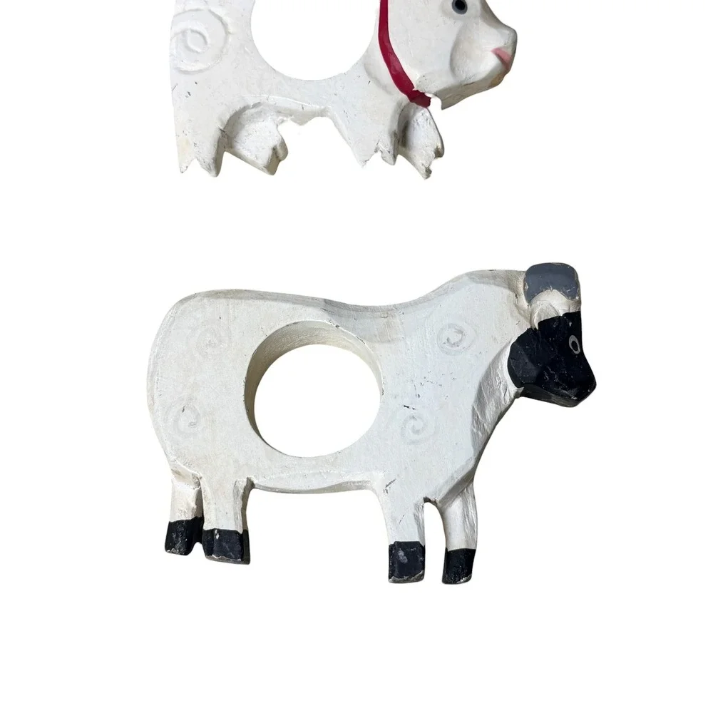 Vintage Farmhouse Hand Painted Wooden Napkin Ring Set of 4 Rooster Cow Pig Sheep